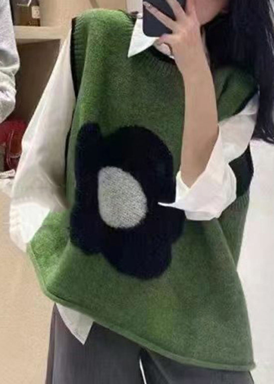 Pink O Neck Green Patchwork Knit Vest Sleeveless