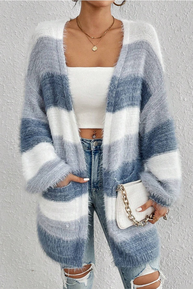 Fuzzy Stripe Longline Open Front Cardigan