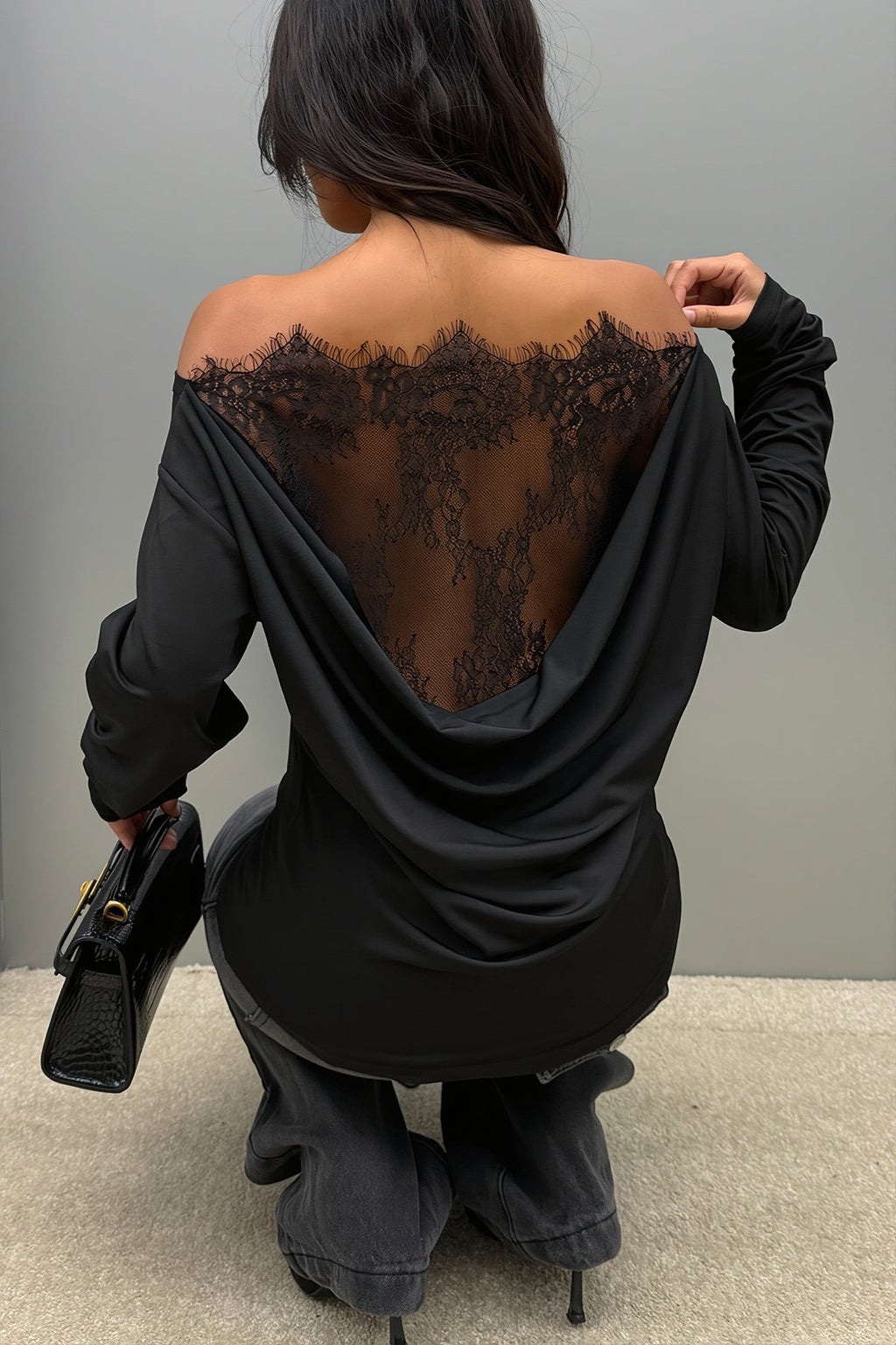 Sheer Lace Back Off Shoulder Blouse