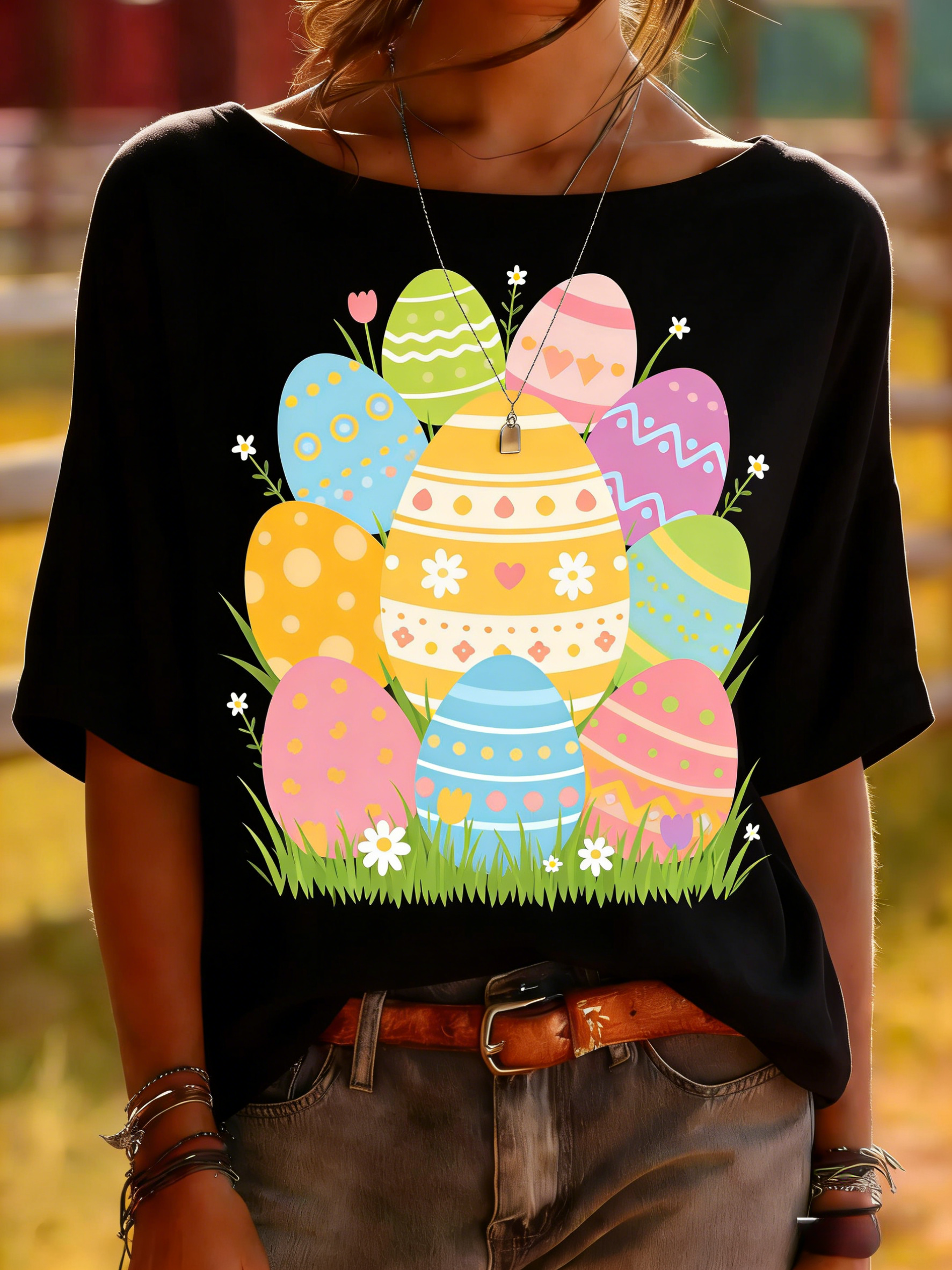 Black Easter Egg Garden Print Top - Spring Holiday Tee