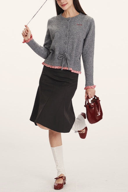 Panel-Design Waist-Cinched Slim Knit Cardigan