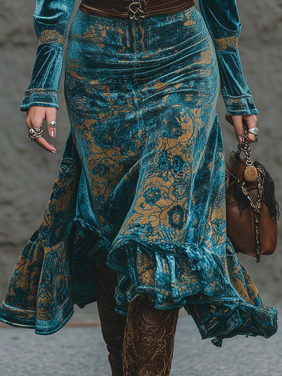 Retro-Chic Luxury Blue-Green Velvet Ruffled Hem Midi Dress