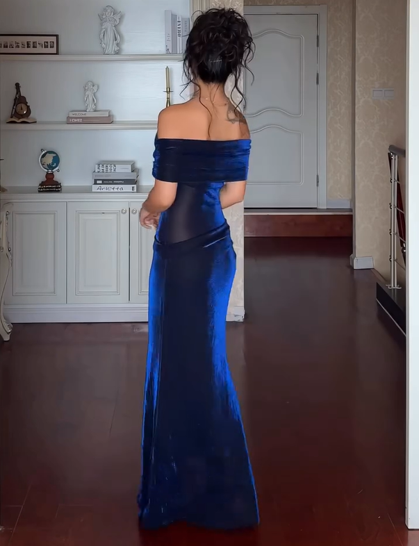 Navy Blue Ruched Off-Shoulder Maxi Dress
