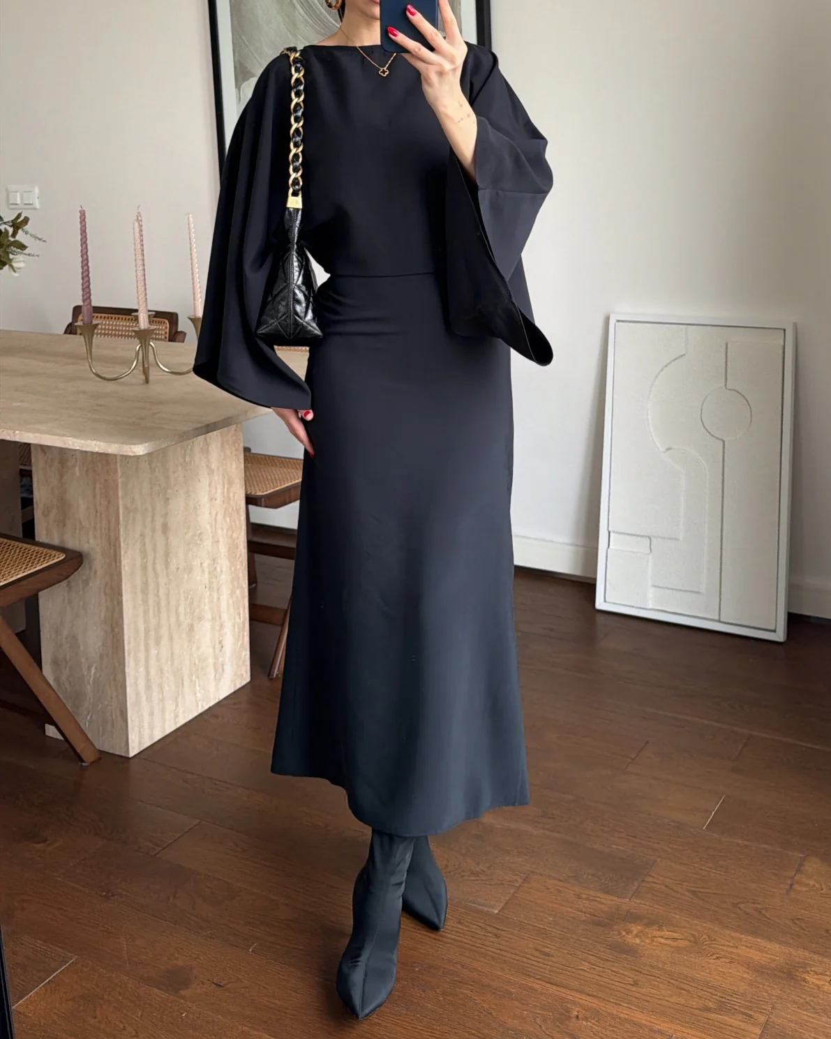 Batwing Sleeve Drawstring Waist Midi Dress