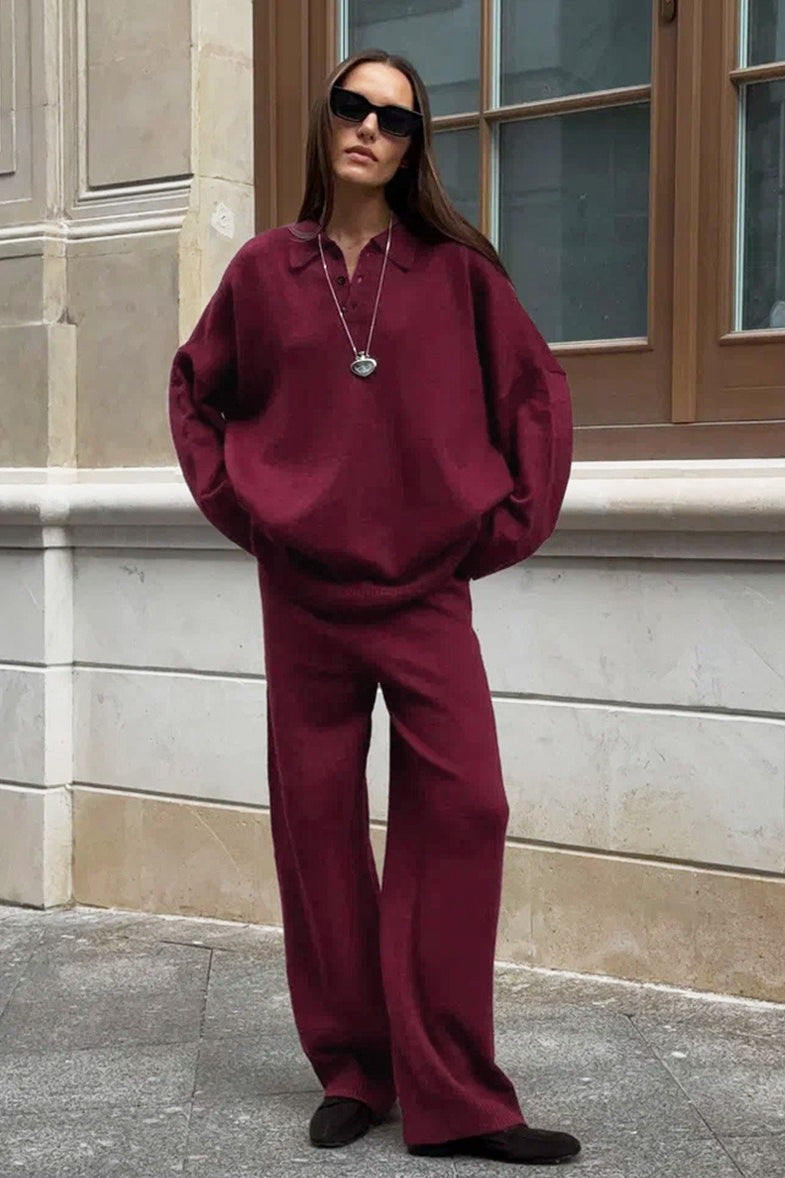 Relaxed Polo Knit Top Wide Leg Pants Set