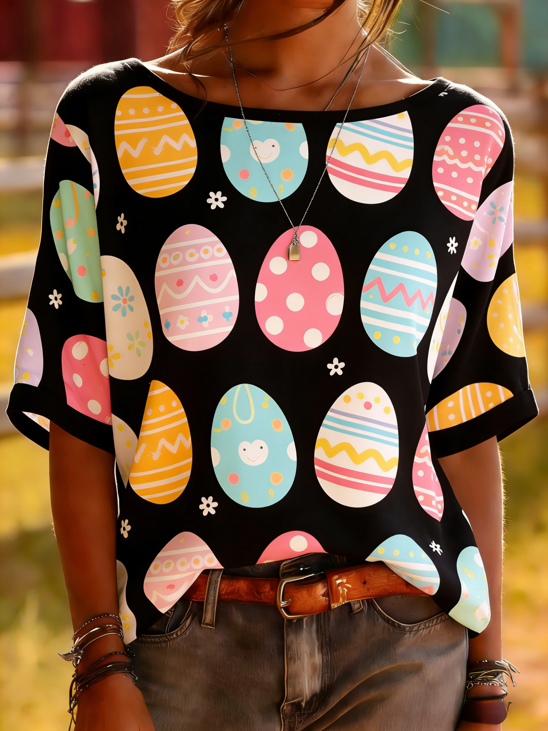 Black Easter Egg Print Top - Colorful Holiday Tee