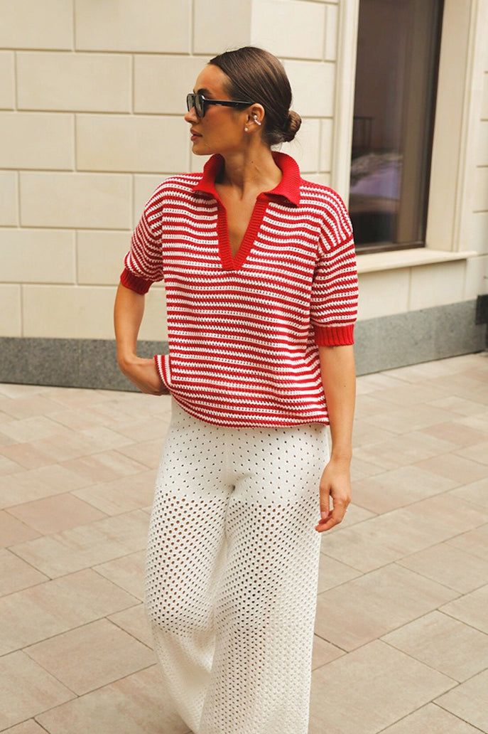 Striped Open Collar Short Sleeve Knit Sweater