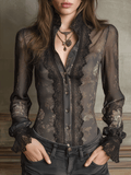 Vintage Boho Elegance Black Sheer Lace Trim Fitted Blouse