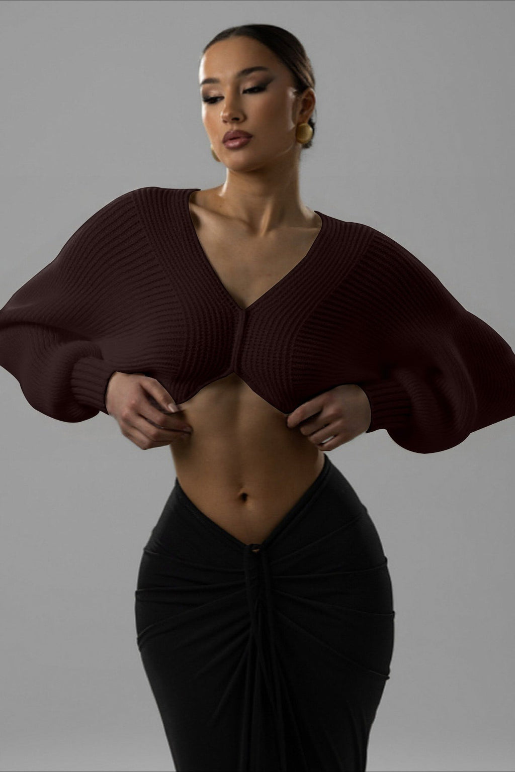Twist Front Cropped V Neck Knit Sweater