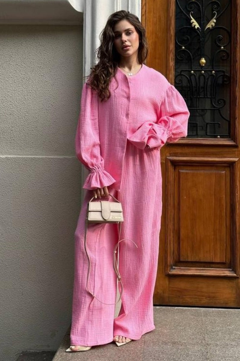 Balloon Sleeve Cotton Cardigan Wide Leg Pants Set