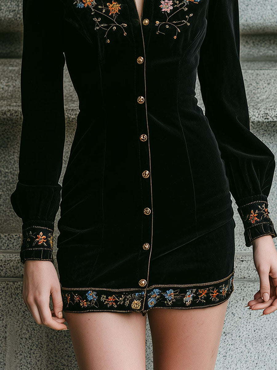 Timeless Boho Black Velvet Embroidered Mini Dress