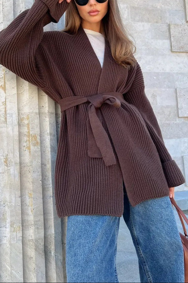 Relaxed Cozy Tie Waist Knit Cardigan