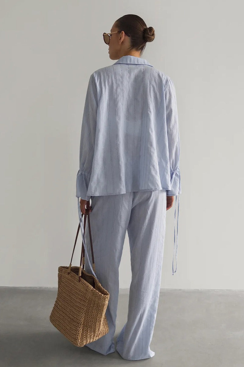 Collared Tie Front Sheer Shirt Pants Set