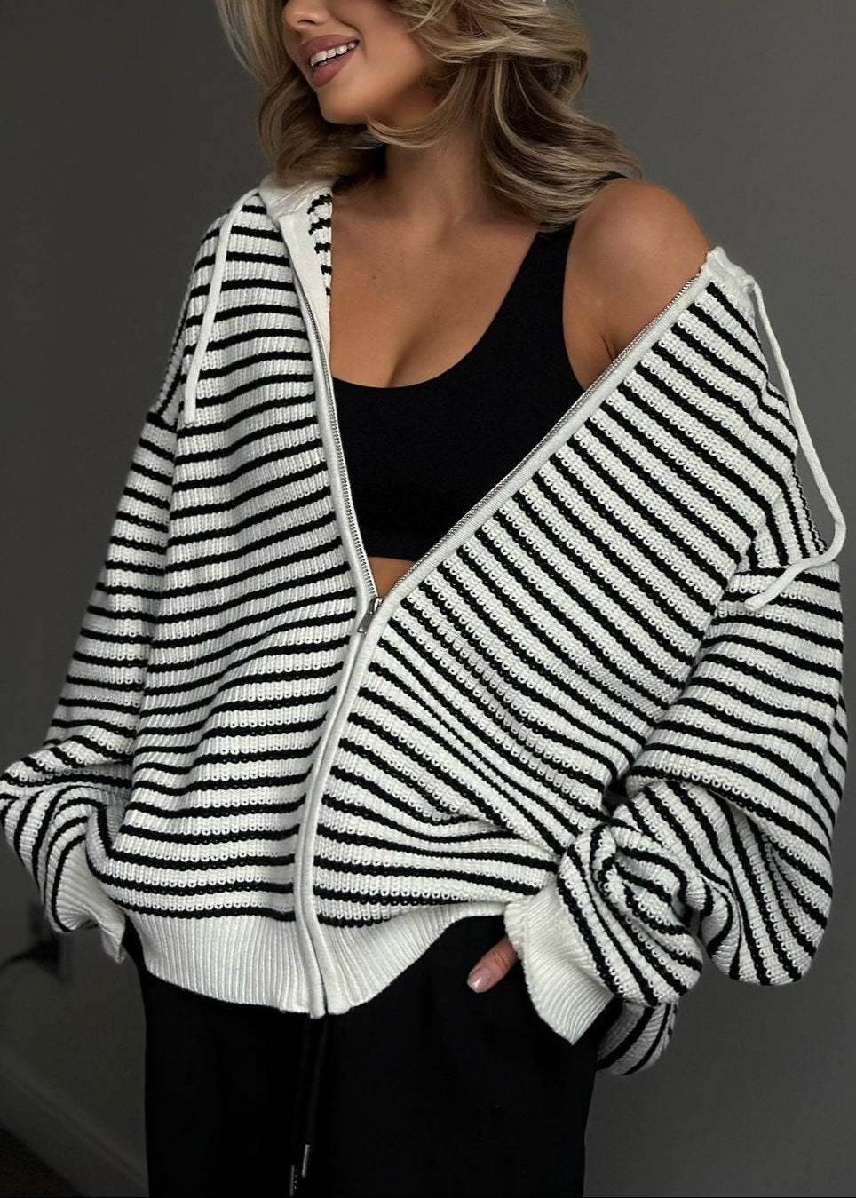 Retro Color Block Loose Zip Knit Cardigan