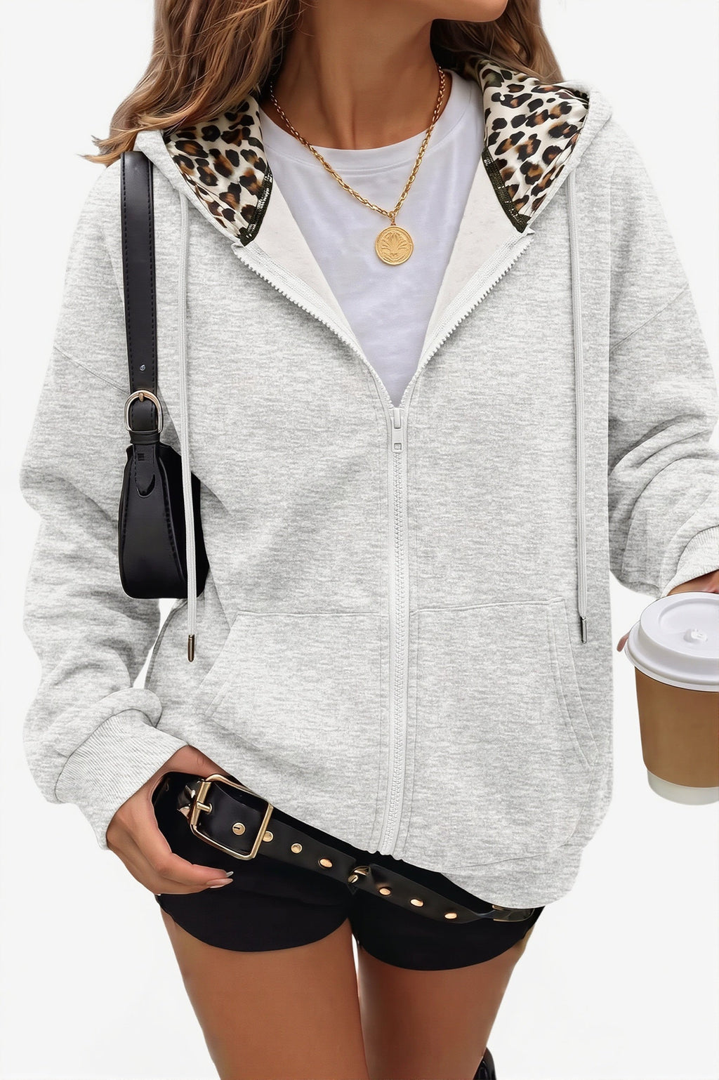 Leopard Lined Oversized Zip Hoodie