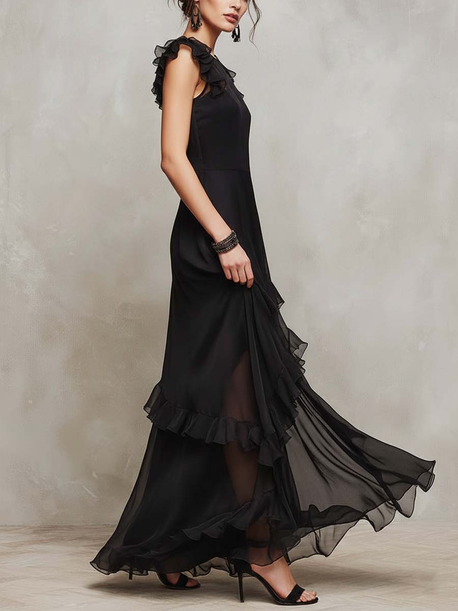 Sheer Ruffle-Trim Asymmetric Maxi Dress