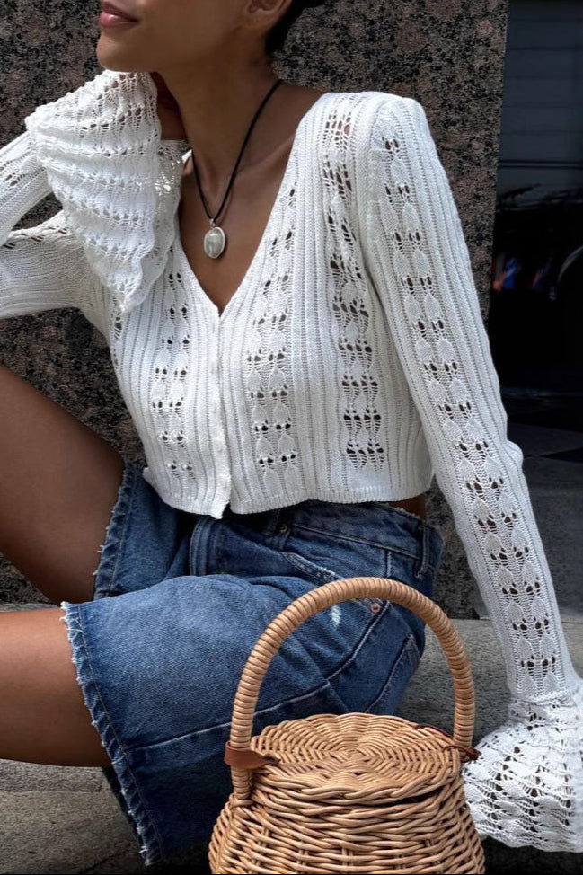Hollow Out Knit V Neck Long Sleeve Cardigan