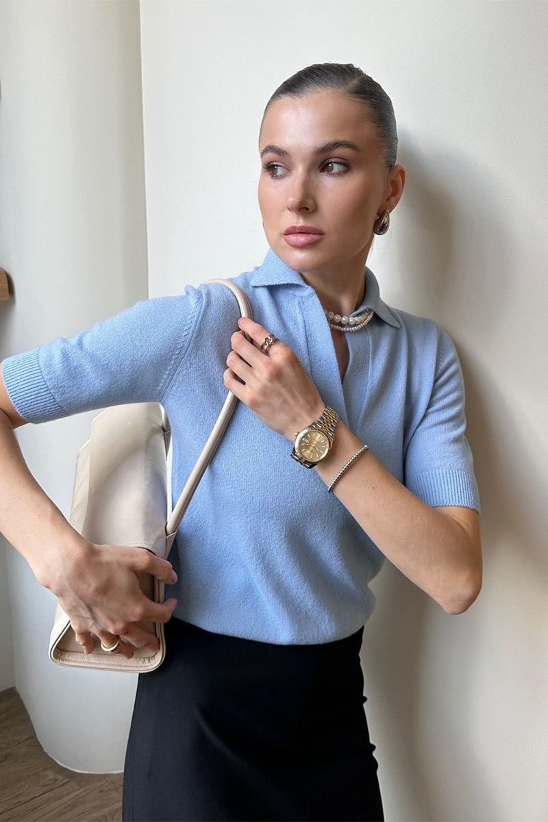 Open Collar Short Sleeve Polo Knit Sweater