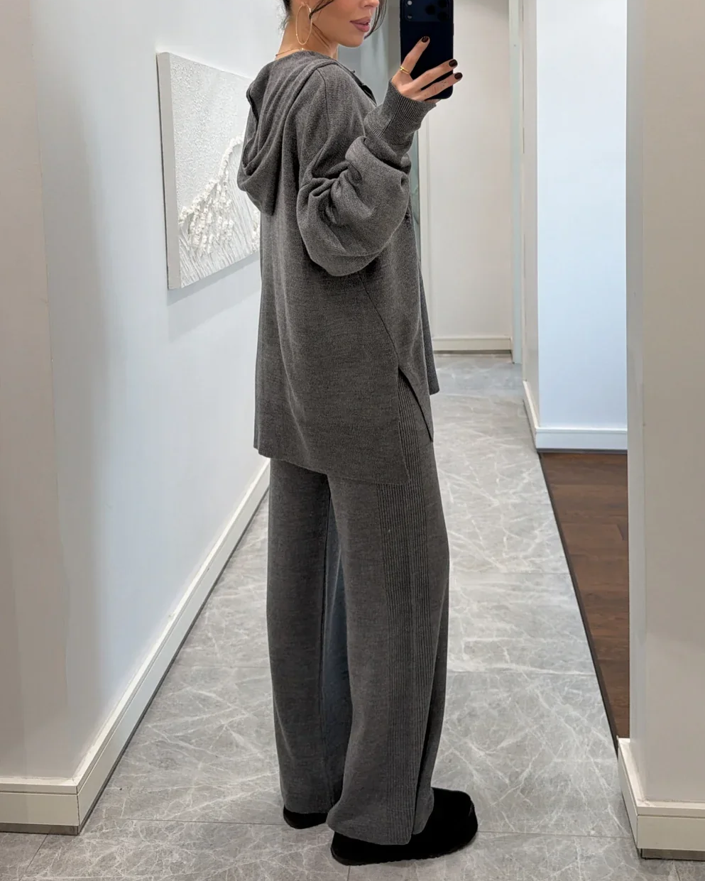 Knit Zip-Up Hoodie and Wide-Leg Pants Two-Piece Set