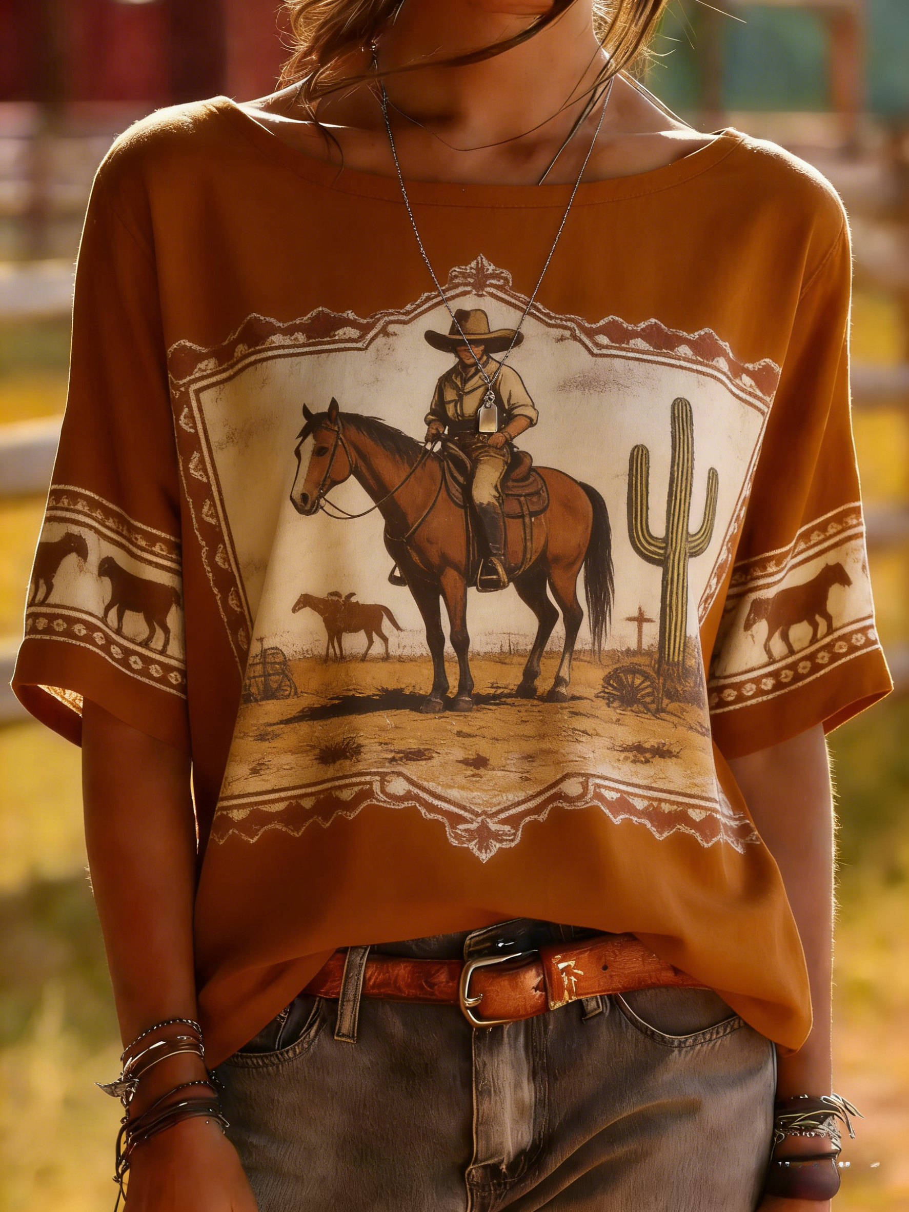 Western Cowboy on Horse Print Top - Desert Landscape Tee