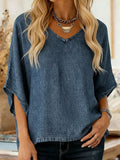 Women's Vintage Casual Early Spring Bat Sleeve V-neck Denim Shirt Top