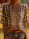 Vintage Egyptian Goddess Gingham Patchwork Top - Boho Tribal Tee
