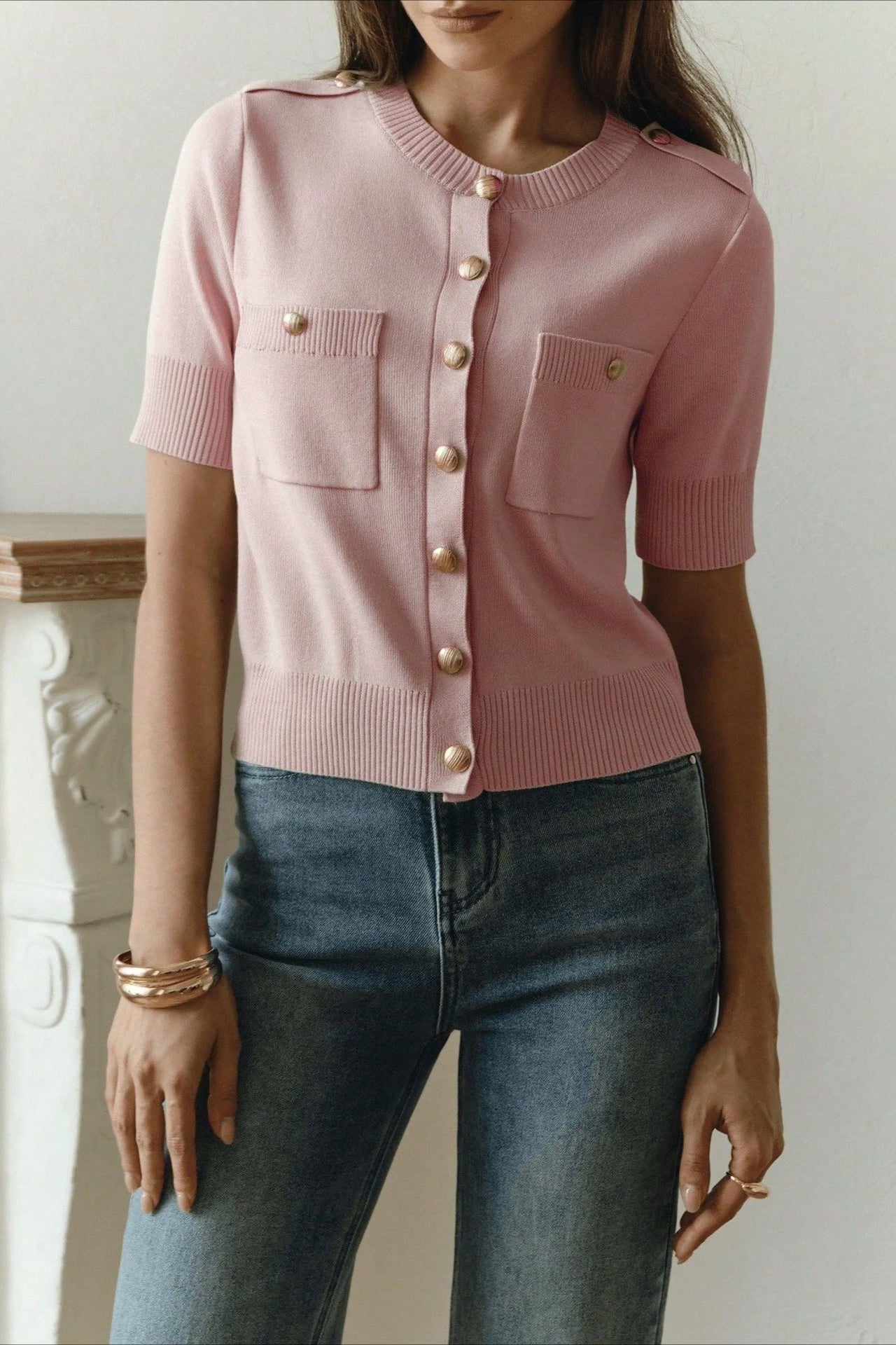 Short Sleeve Pocket Button Knit Cardigan