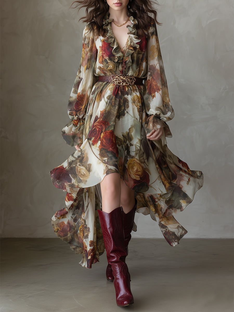 Boho Holiday Print Ruffle Neckline High Low Hem Chiffon Midi Dress