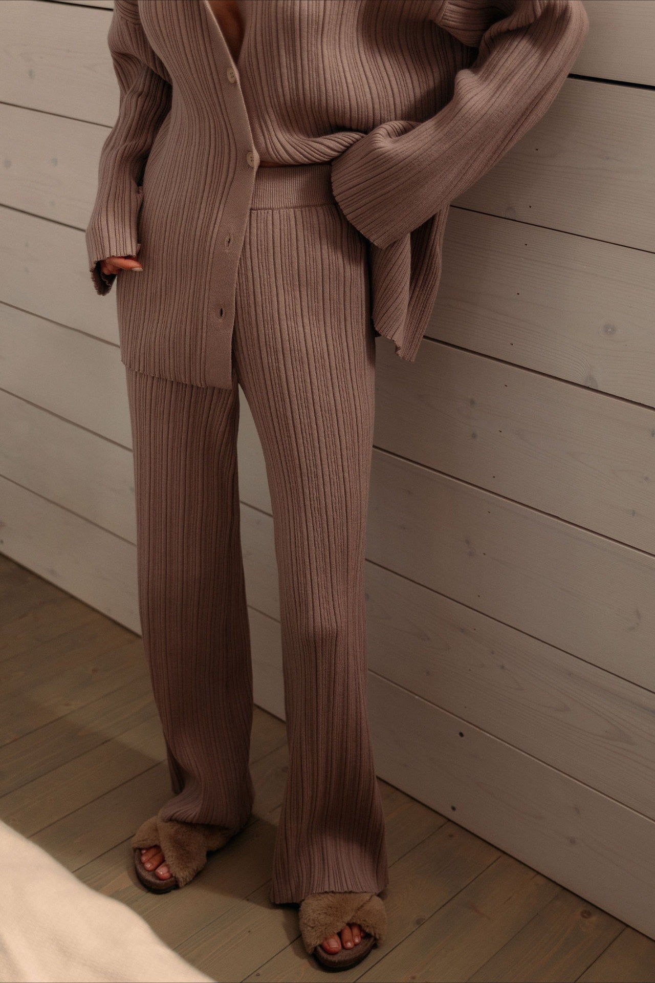Ribbed Cardigan Wide Leg Pants Knit Set