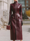 Burgundy Leather Zip - Front Midi Coat Dress: Edgy Sophistication