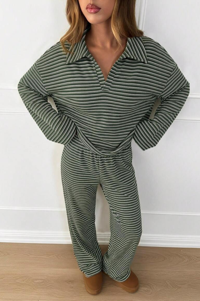 Contrast Stripe Collared Lounge Pants Set