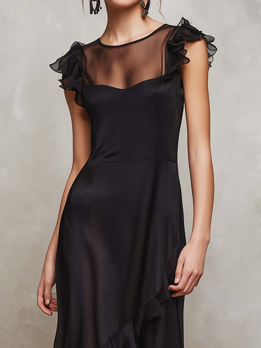 Sheer Ruffle-Trim Asymmetric Maxi Dress