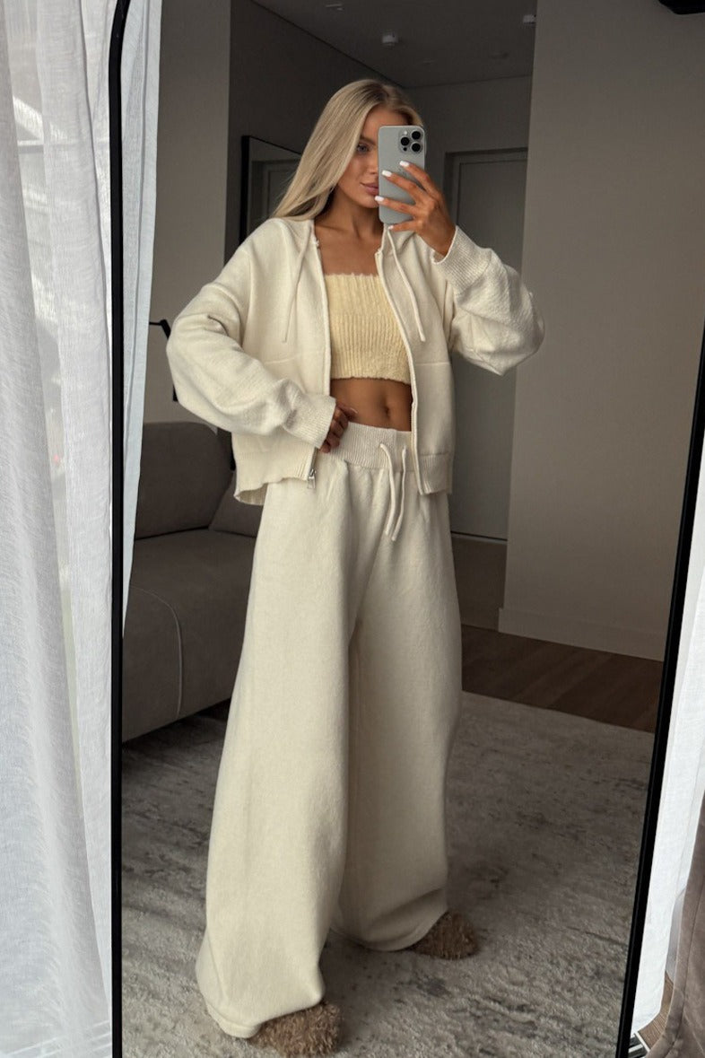 Hooded Zip Knit Top Wide Leg Pants Set