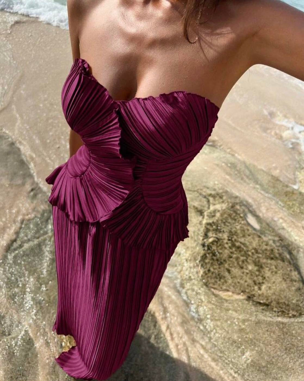 Strapless Sculptural Pleated Peplum Maxi Dress