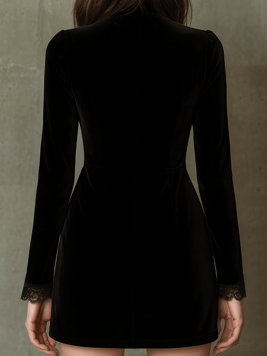 Elegant Vintage Black Velvet Gold Embroidery And Zip Front Mini Dress