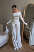 Off Shoulder Knit Top Wide Leg Pants Set