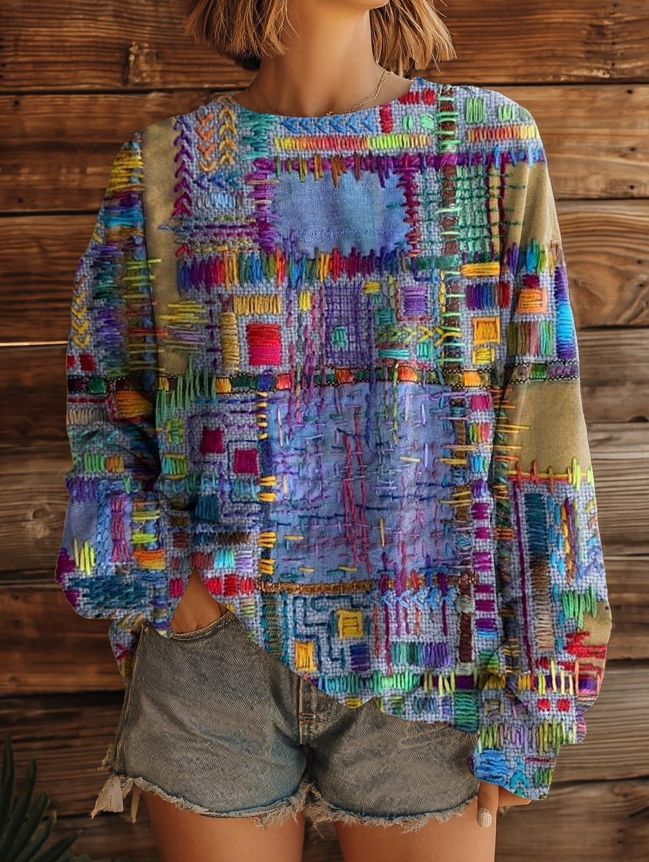 Women's Vintage Ethnic Collage Texture Art Print Casual Crew Neck Sweatshirt
