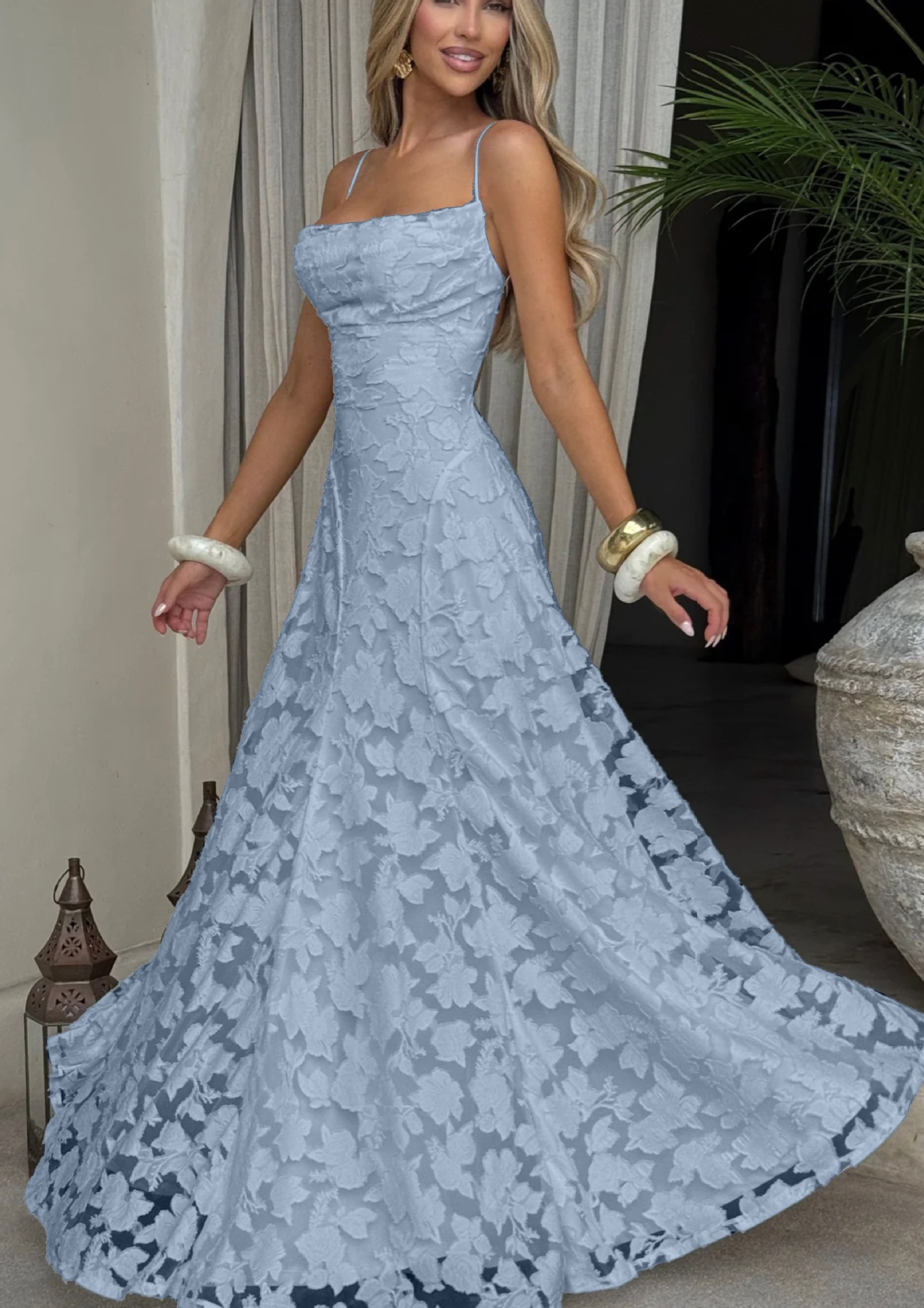 Thin straps jarquard maxi dress