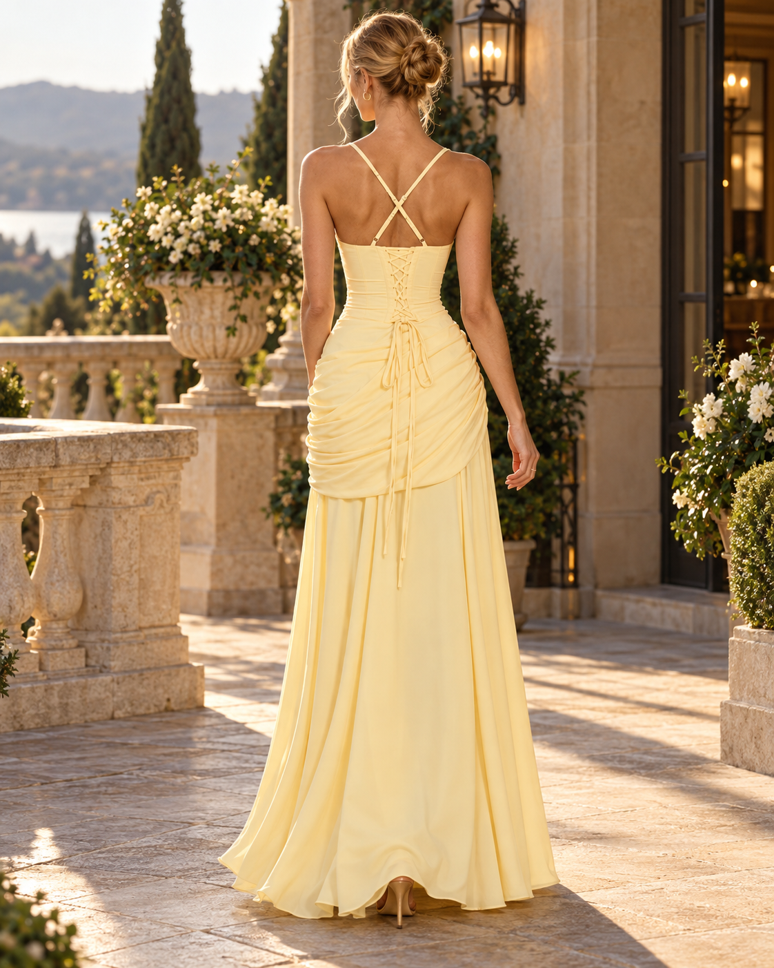 Square Neck Ruched Cross-Back Maxi Dress