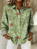 Women's Casual Christmas Print Lapel Long Sleeve Shirt