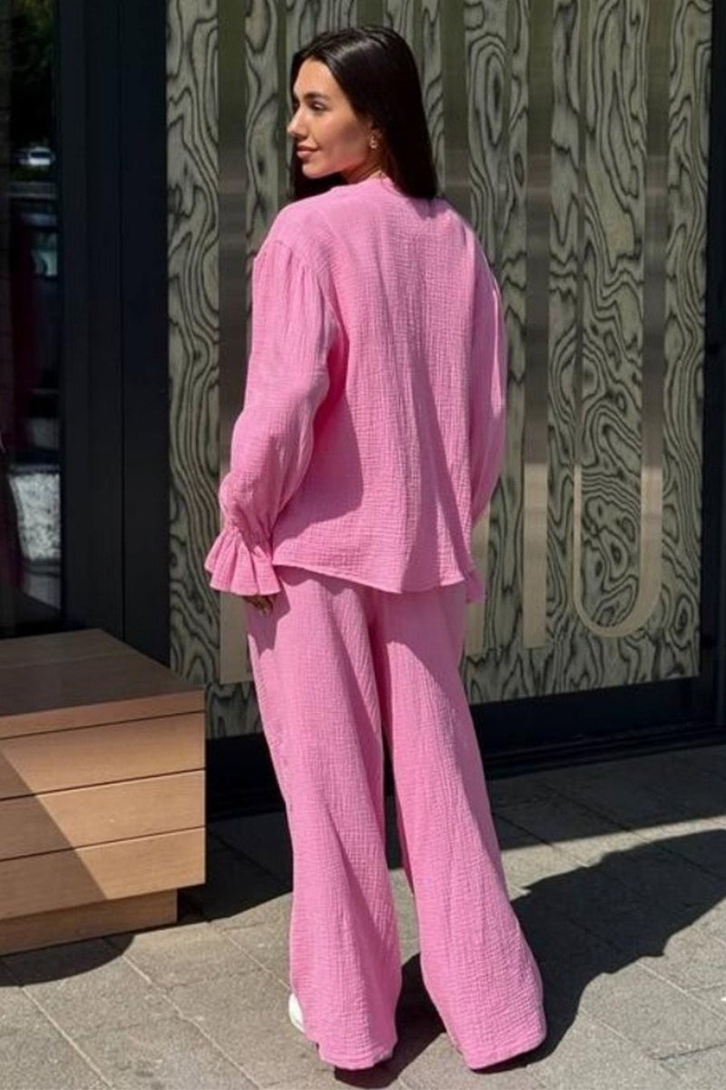 Balloon Sleeve Cotton Cardigan Wide Leg Pants Set