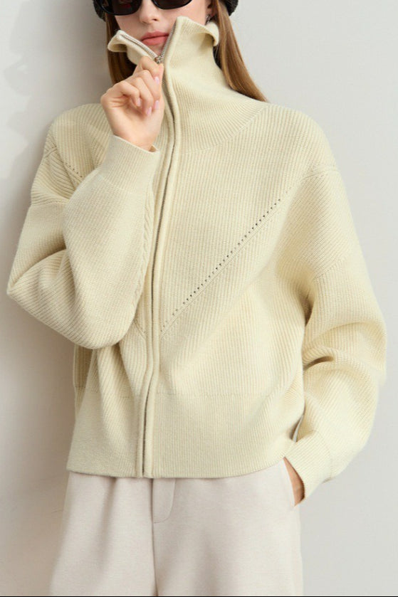 Naval-Collar Zip Lazy-Style Thick Knit Cardigan