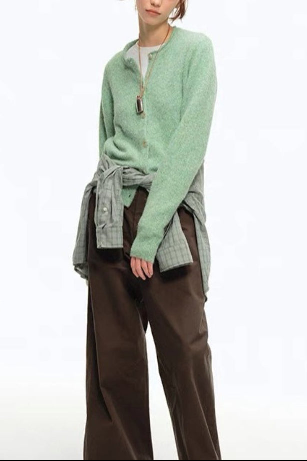 Green Wool Blend Crew Neck Knit Cardigan