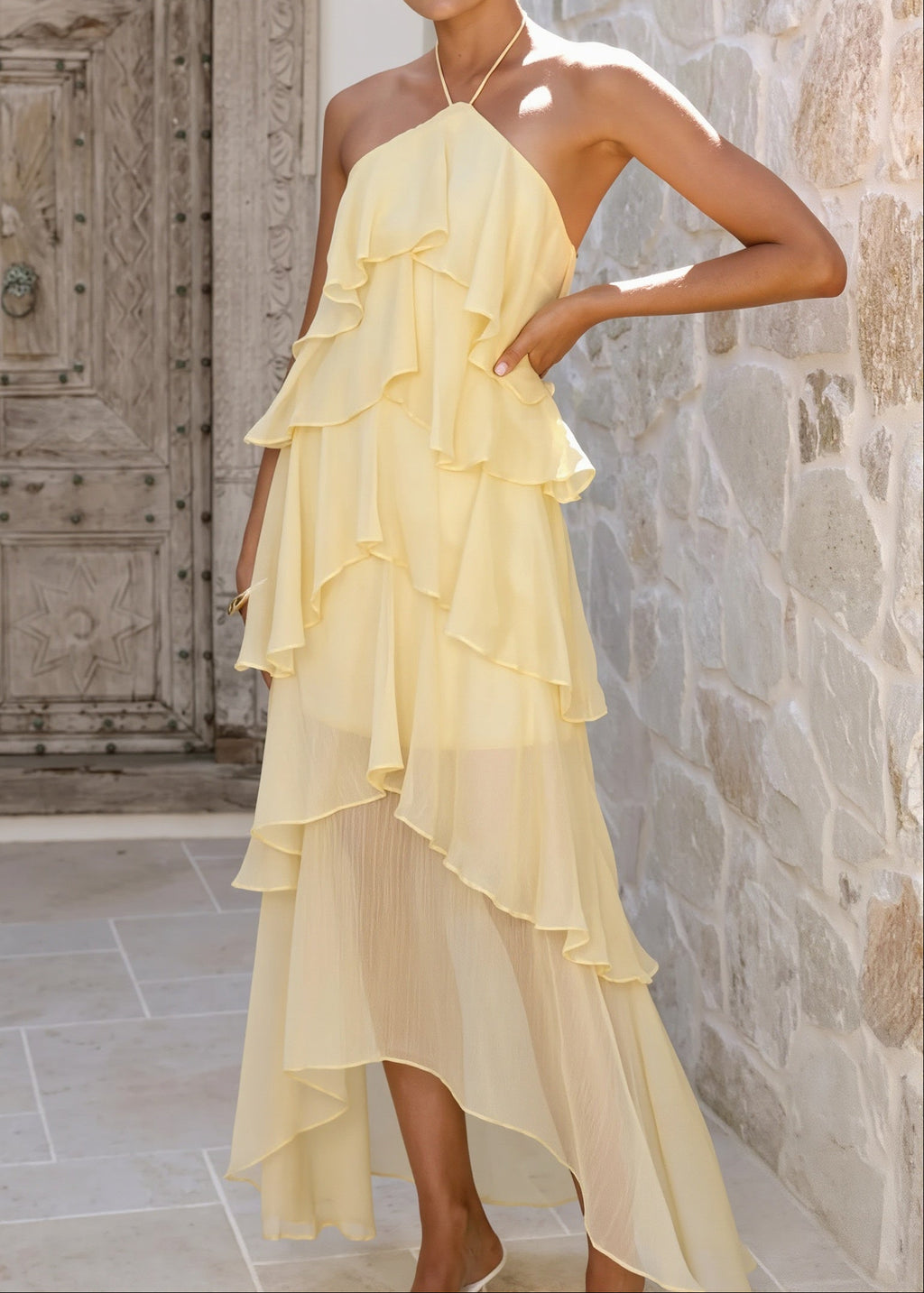 Tiered Ruffle Chiffon Print Maxi Dress