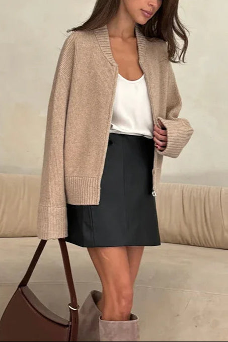 Pleated Knit O Neck Zipper Cardigan