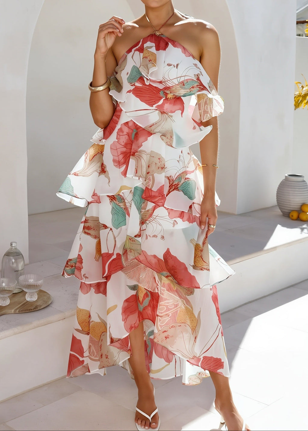 Tiered Ruffle Chiffon Print Maxi Dress