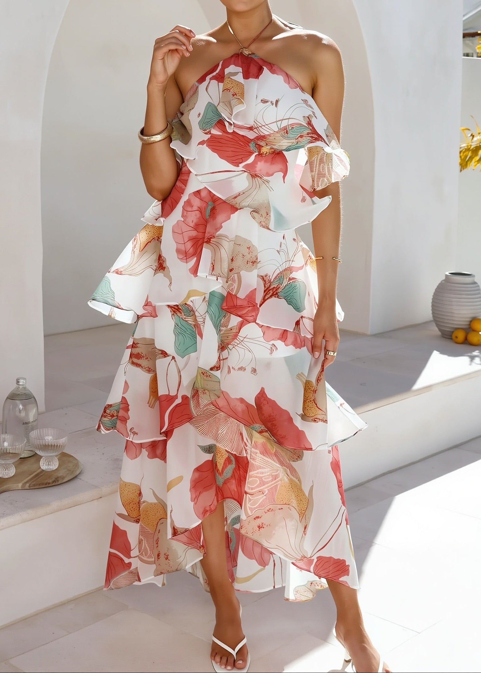 Tiered Ruffle Chiffon Print Maxi Dress