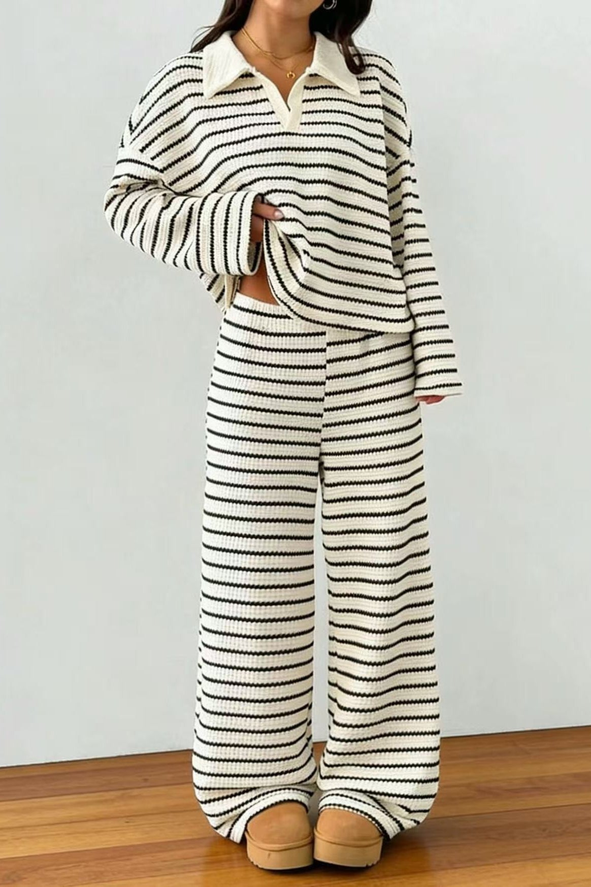 Contrast Stripe Polo Knit Lounge Set
