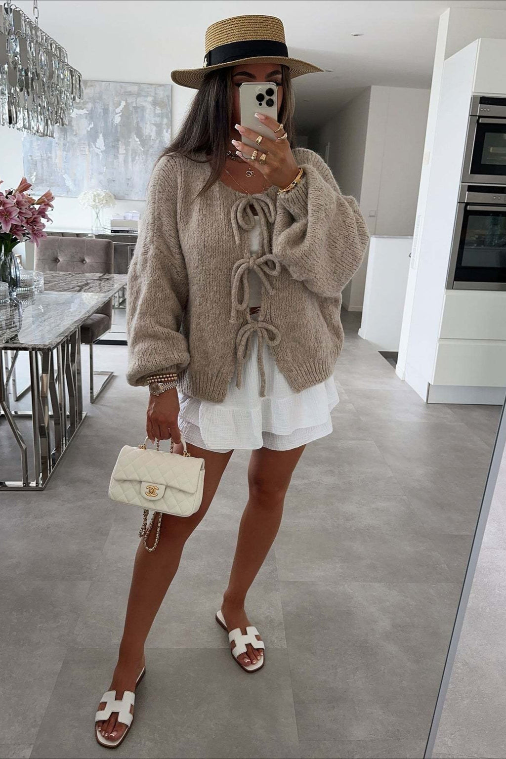 Bow Tie Front Crew Neck Knit Casual Cardigan