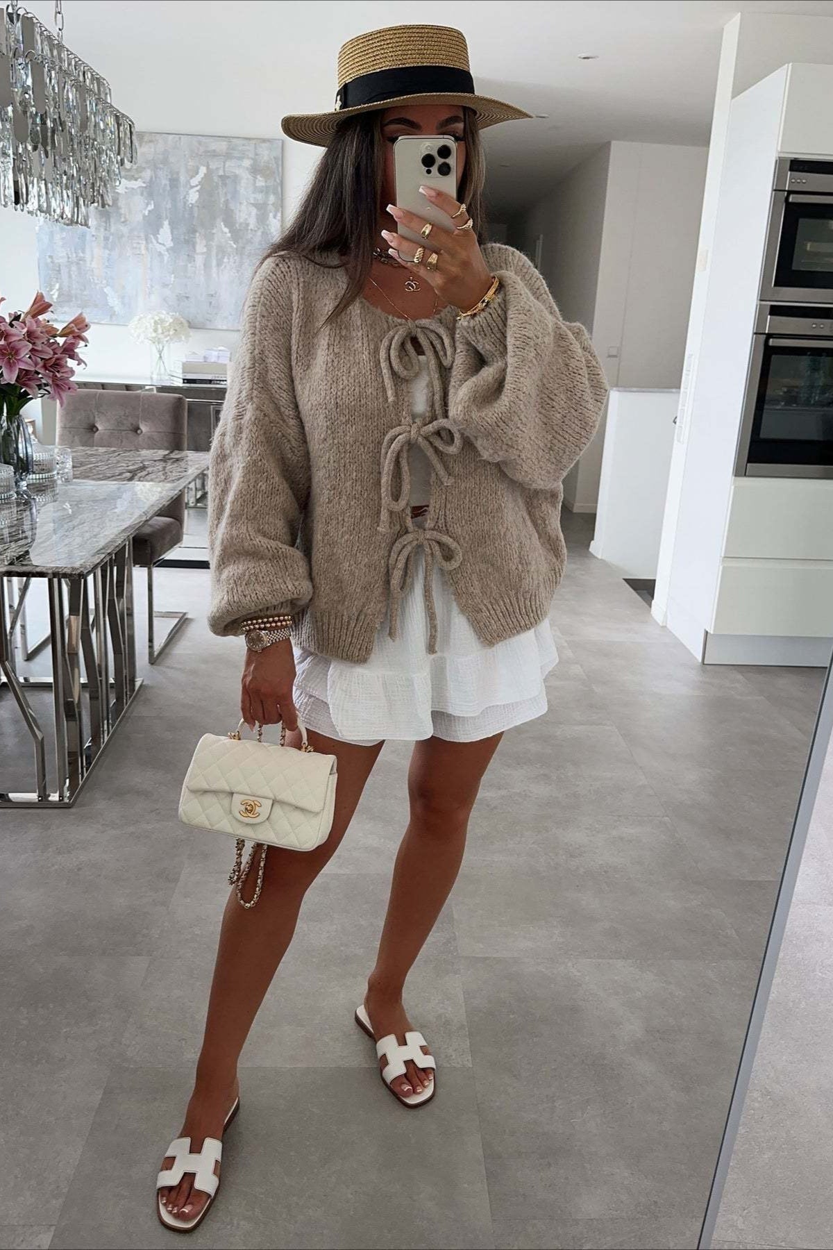 Bow Tie Front Crew Neck Knit Casual Cardigan